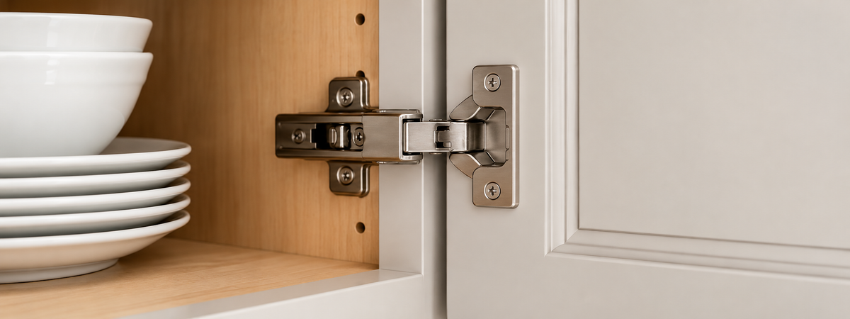Close-up of a soft-close cabinet hinge