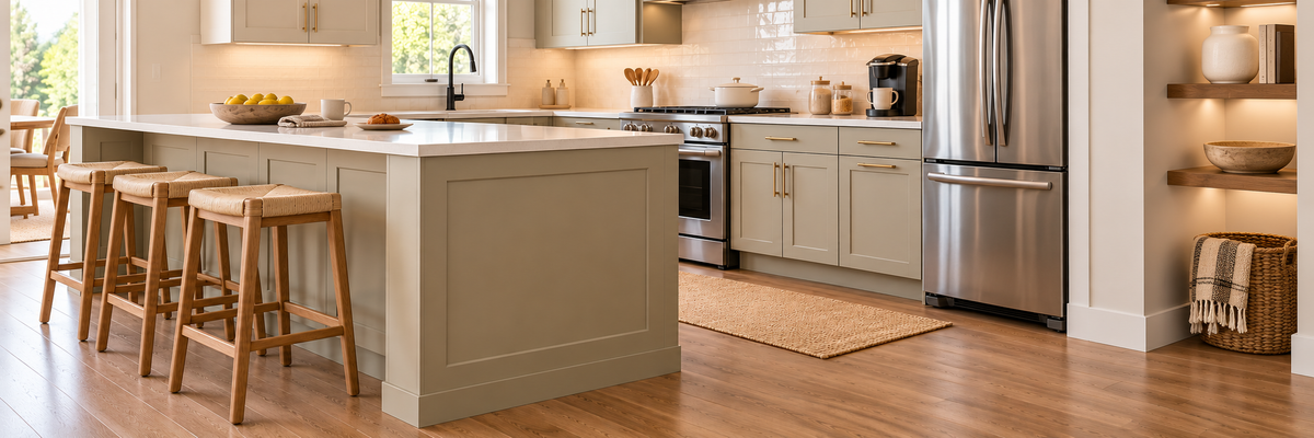 Sunlit greige kitchen with a breakfast bar